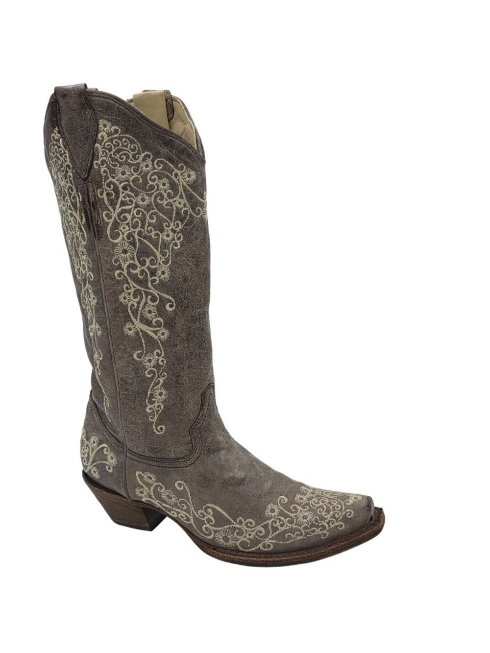 Corral Distressed Brown Leather Floral Cowgirl Western Boots Women 7M Snip Toe